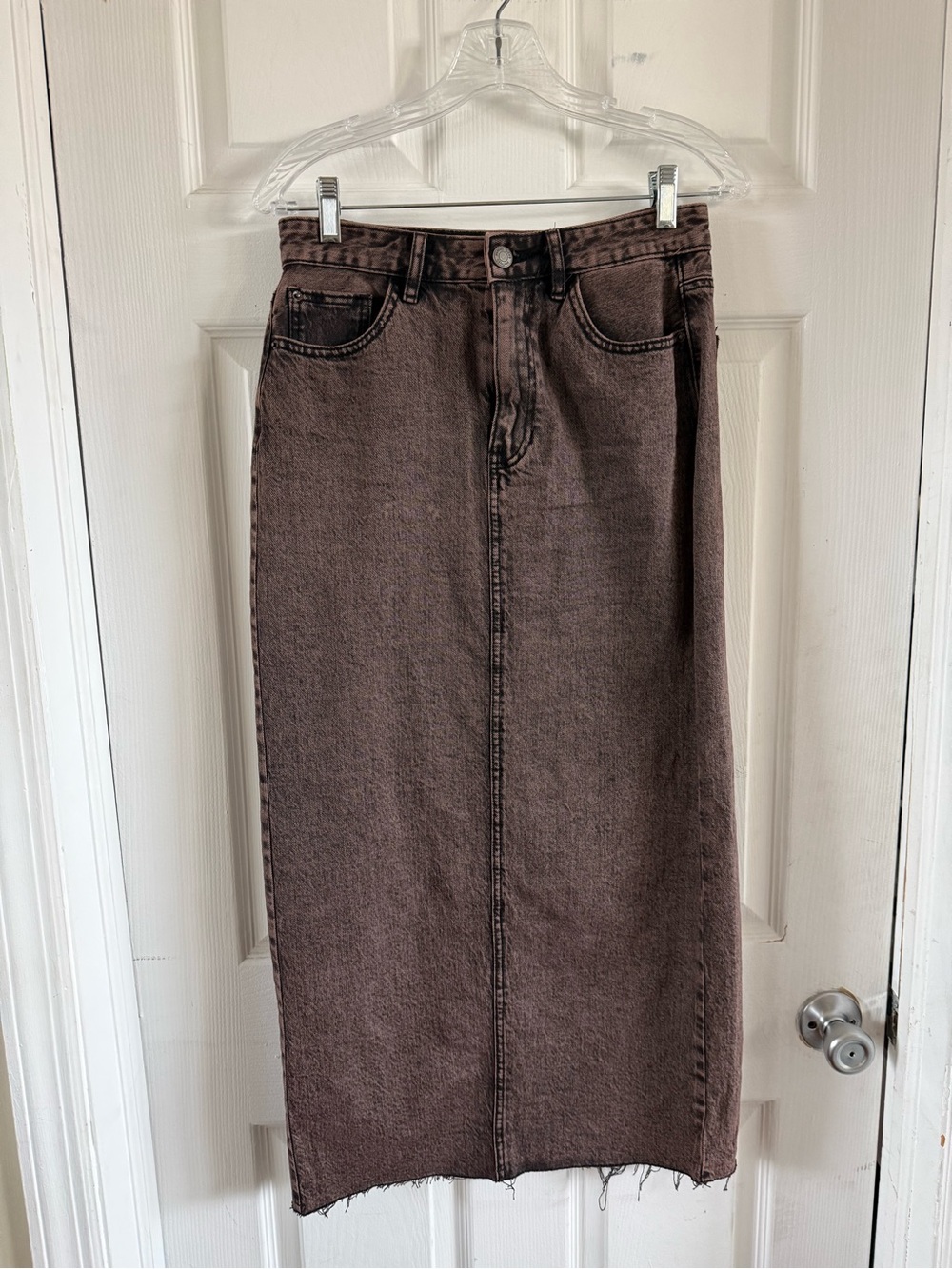 Stradivarius Washed Brown Denim Skirt with Black Logo Patch